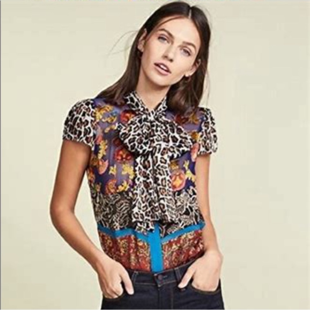 Alice and Olivia Jeannie brocade leopard patchwork dramatic bow blouse XS S - Picture 3 of 4